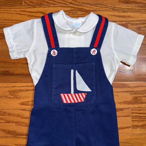 Vintage Baby Boys Red White Blue Sailboat Sailor Shirt & Overalls Set - Picture 2 of 12